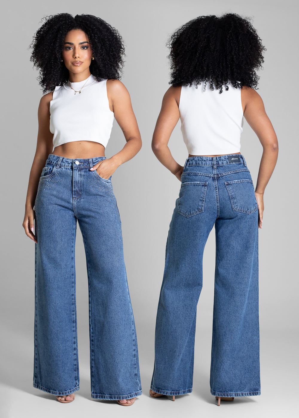 Calça Jeans Sawary Super Wide Leg Brilho - 283508 AZUL