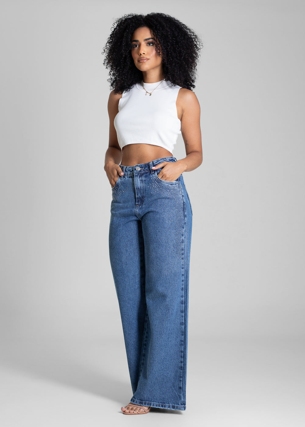 Calça Jeans Sawary Super Wide Leg Brilho - 283508 AZUL