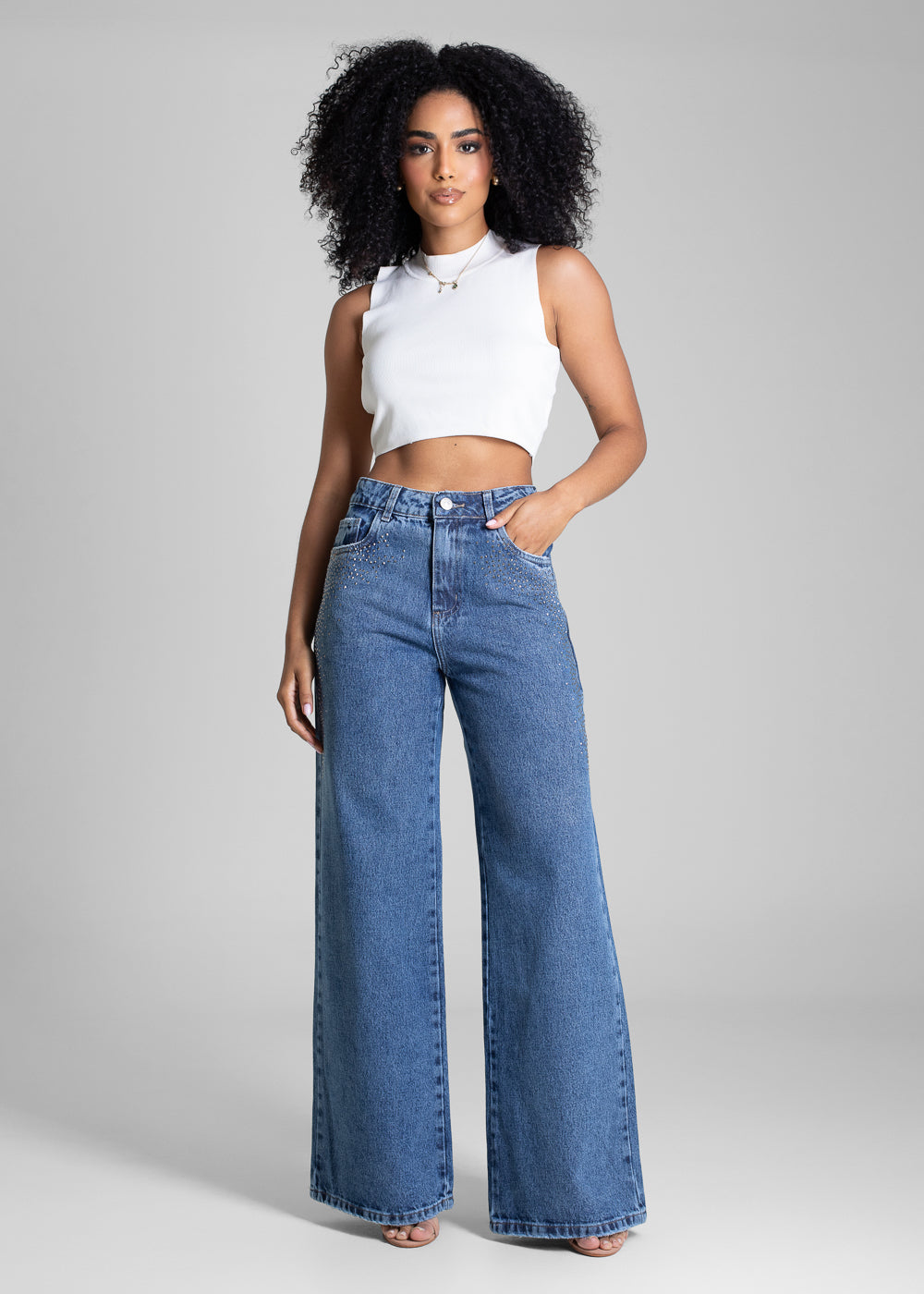 Calça Jeans Sawary Super Wide Leg Brilho - 283508 AZUL