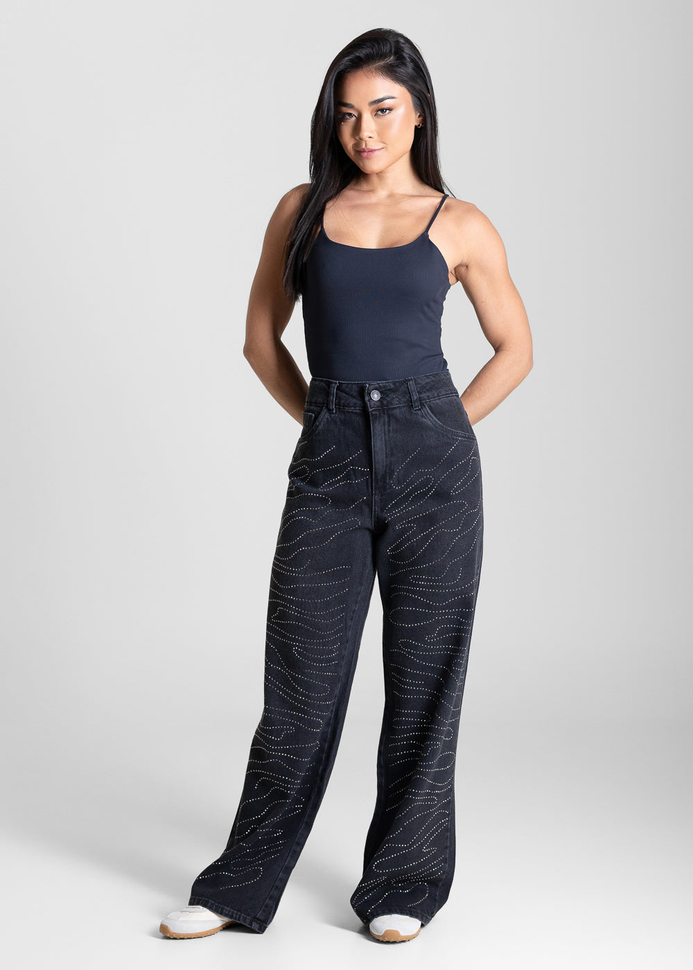 Calça Jeans Sawary Wide Leg Petit Brilho - 283523 PRETO