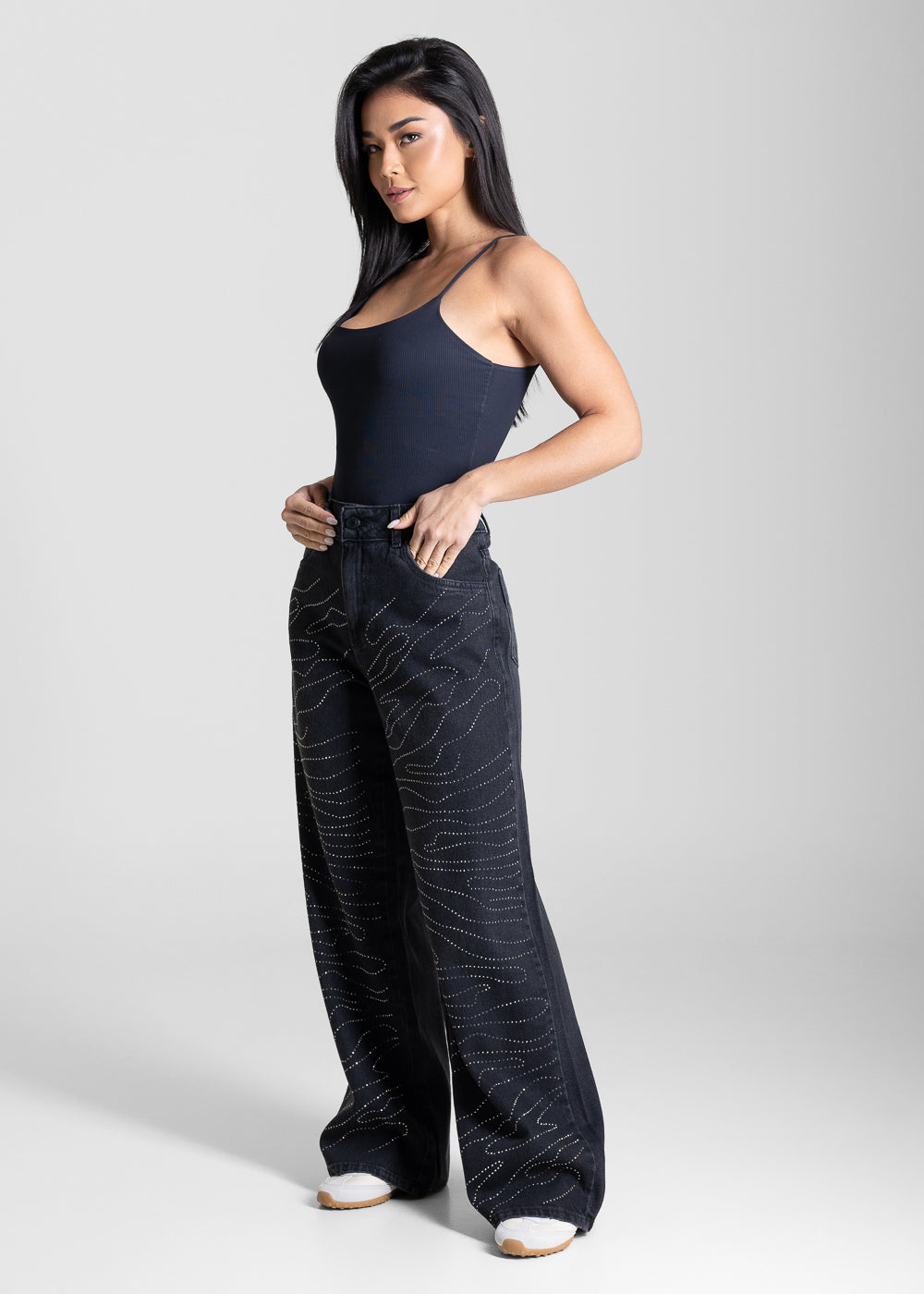 Calça Jeans Sawary Wide Leg Petit Brilho - 283523 PRETO