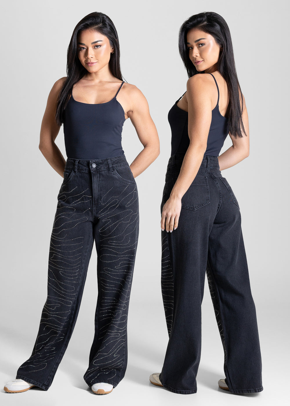 Calça Jeans Sawary Wide Leg Petit Brilho - 283523 PRETO