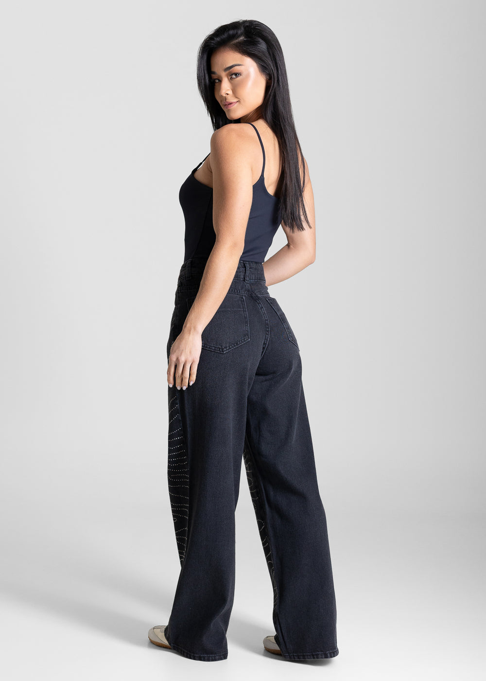 Calça Jeans Sawary Wide Leg Petit Brilho - 283523 PRETO