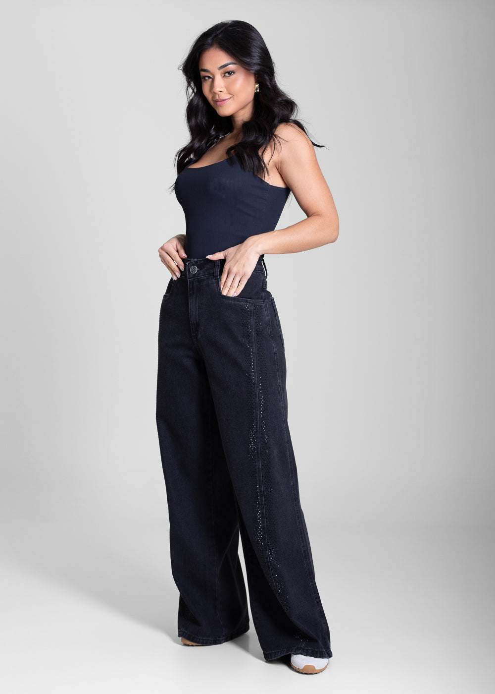 Calça Jeans Sawary Wide Leg Petit Brilho - 283571 PRETO