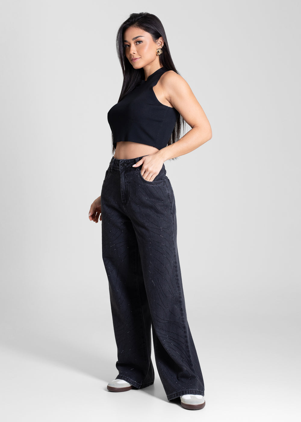 Calça Jeans Sawary Wide Leg Petit Brilho - 283573 PRETO