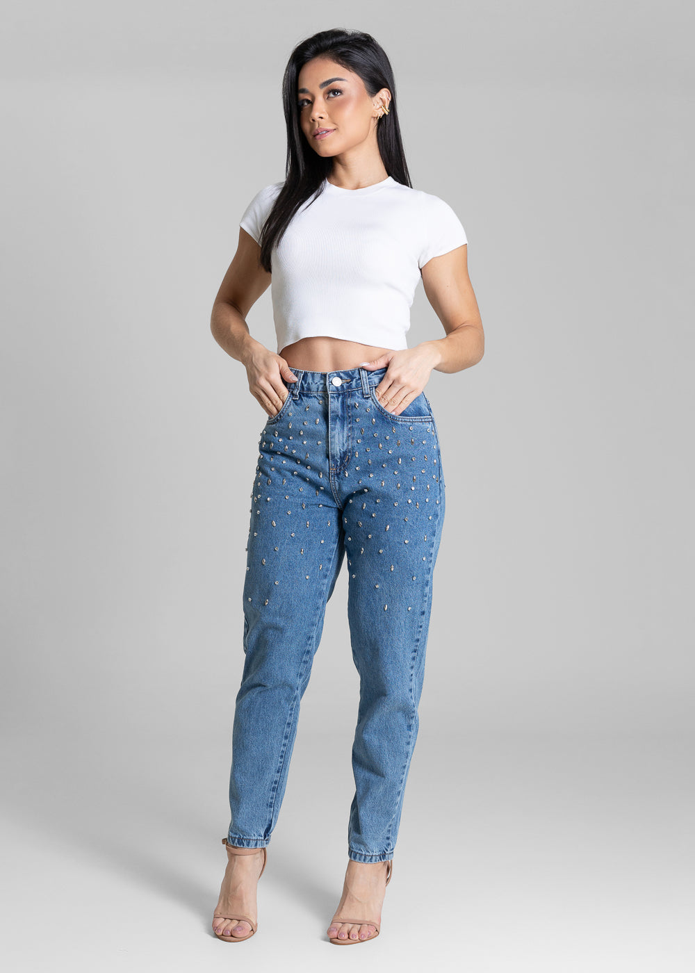 Calça Jeans Sawary Mom Brilho Bordado - 283584 AZUL