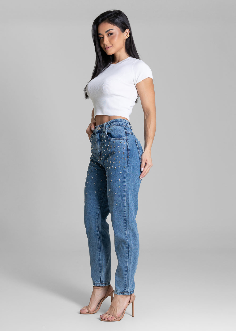 Calça Jeans Sawary Mom Brilho Bordado - 283584 AZUL