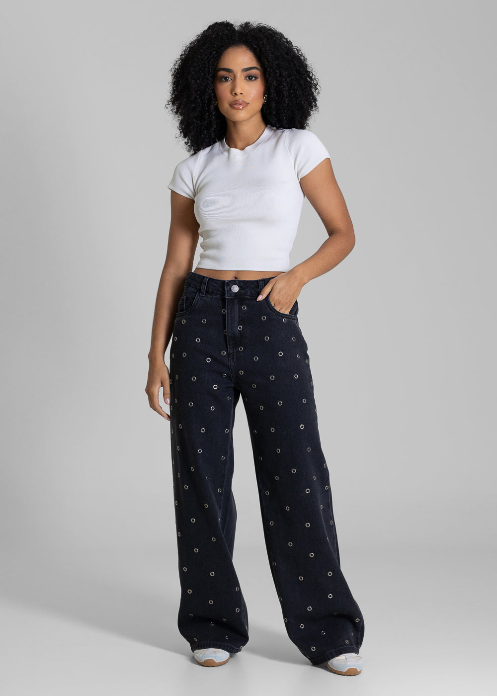 Calça Jeans Sawary Wide Leg Petit Ilhós - 283614 PRETO