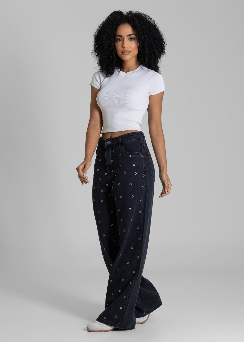 Calça Jeans Sawary Wide Leg Petit Ilhós - 283614 PRETO
