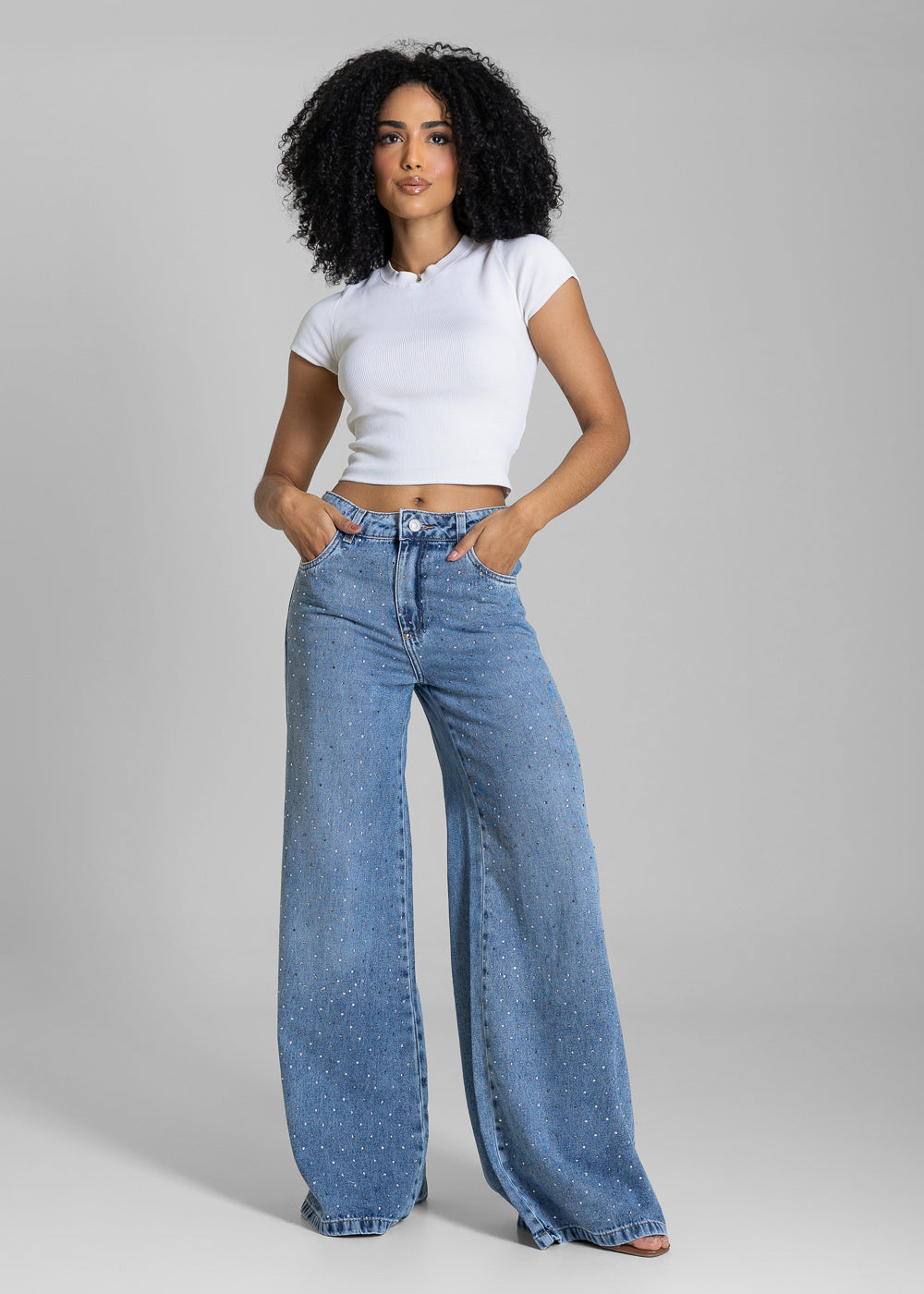 Calça Jeans Sawary Super Wide Leg Brilho - 283618 AZUL