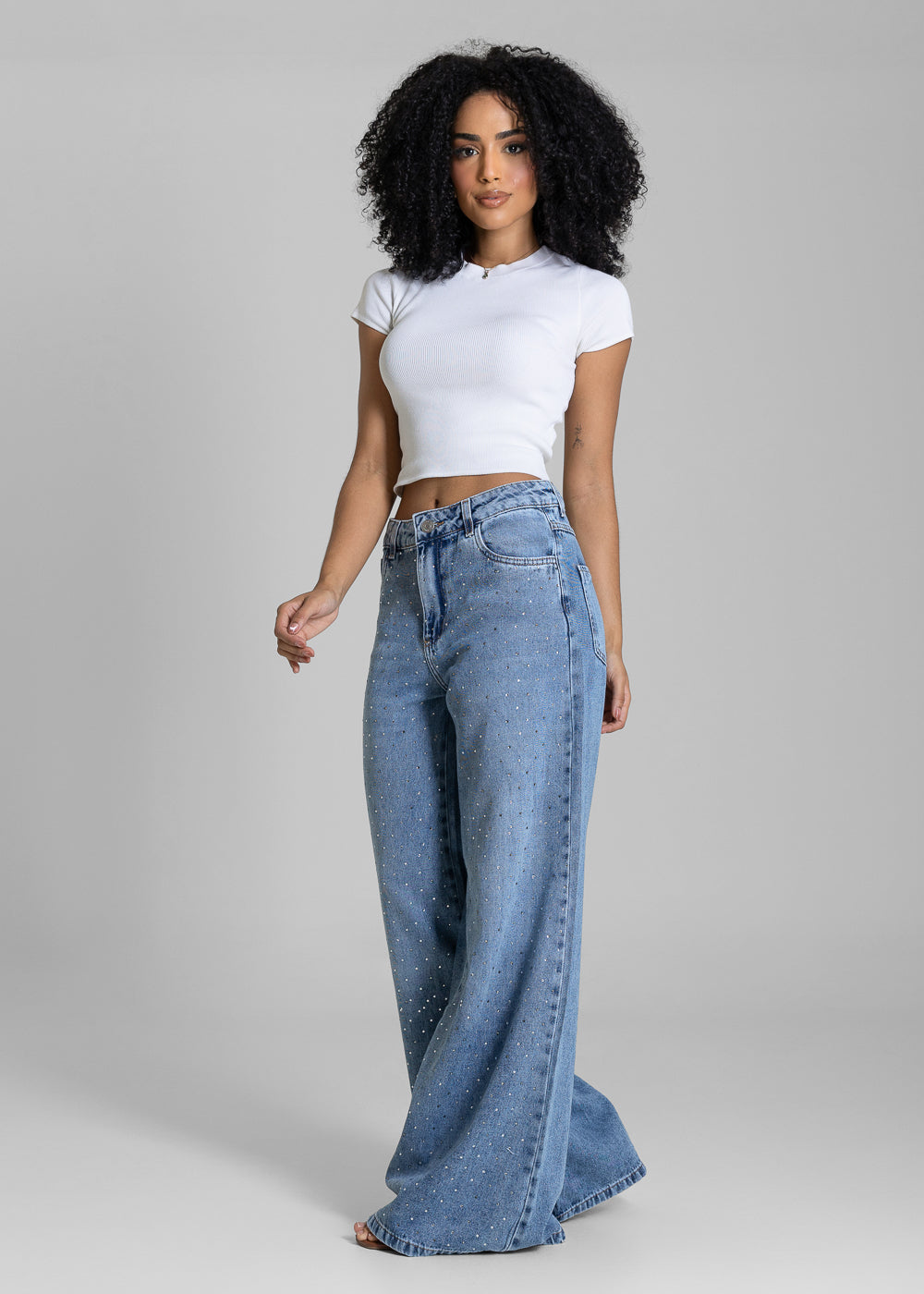 Calça Jeans Sawary Super Wide Leg Brilho - 283618 AZUL