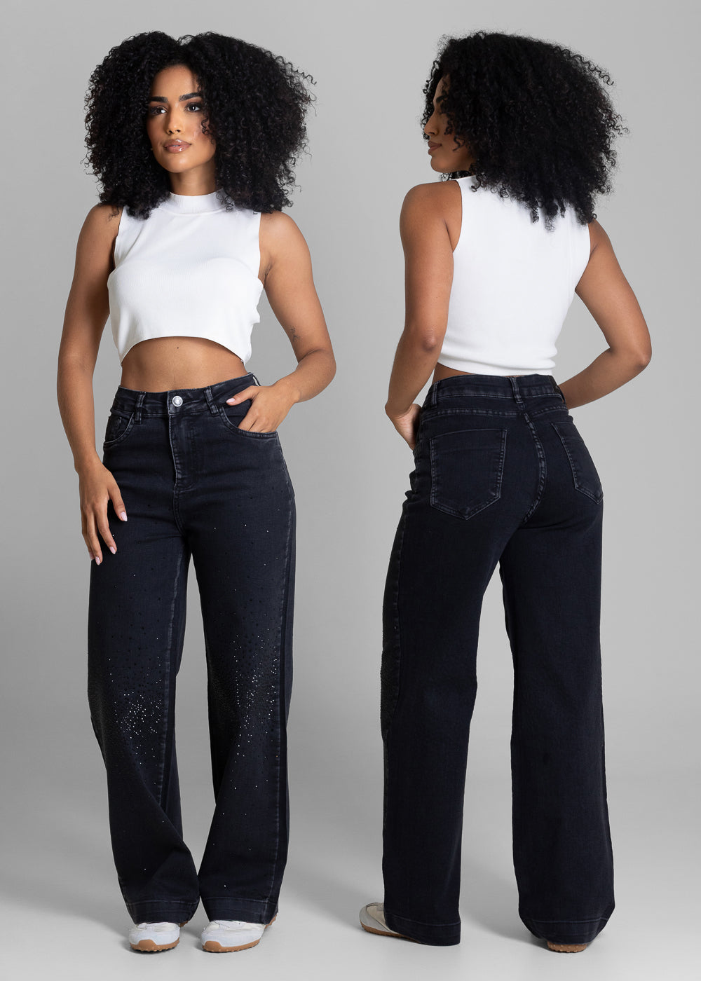 Calça Jeans Sawary Super Wide Leg Brilho - 283676 PRETO