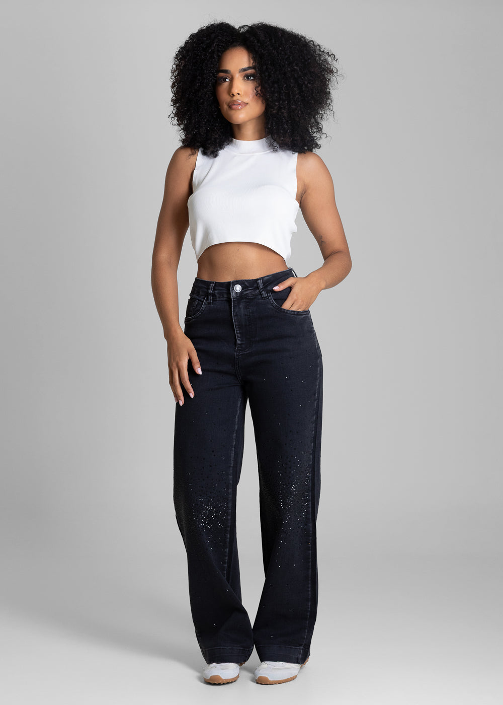 Calça Jeans Sawary Super Wide Leg Brilho - 283676 PRETO