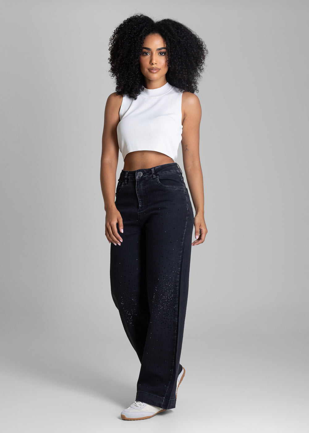 Calça Jeans Sawary Super Wide Leg Brilho - 283676 PRETO