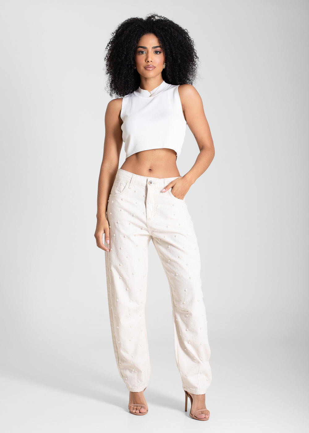 Calça Linho Sawary Barrel Strass - 283743 OFF WHITE