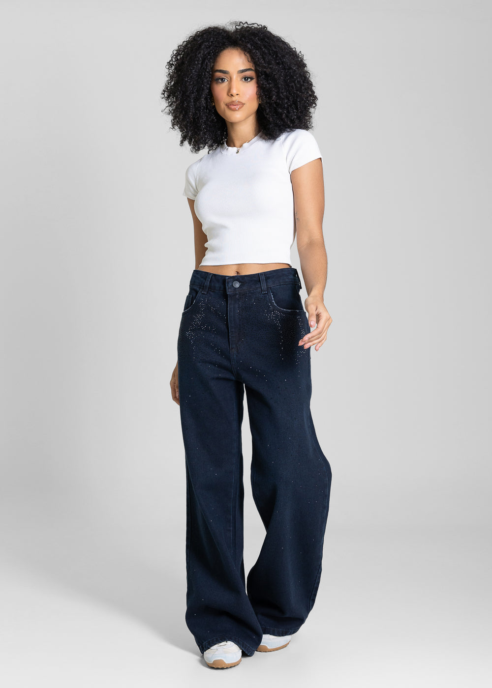 Calça Jeans Sawary Wide Leg Petit Brilho - 283750 PRETO