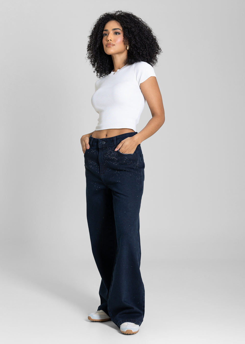 Calça Jeans Sawary Wide Leg Petit Brilho - 283750 PRETO