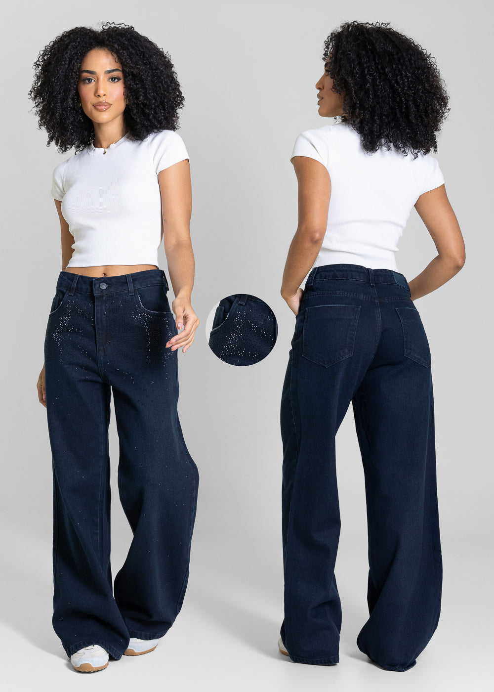 Calça Jeans Sawary Wide Leg Petit Brilho - 283750 PRETO