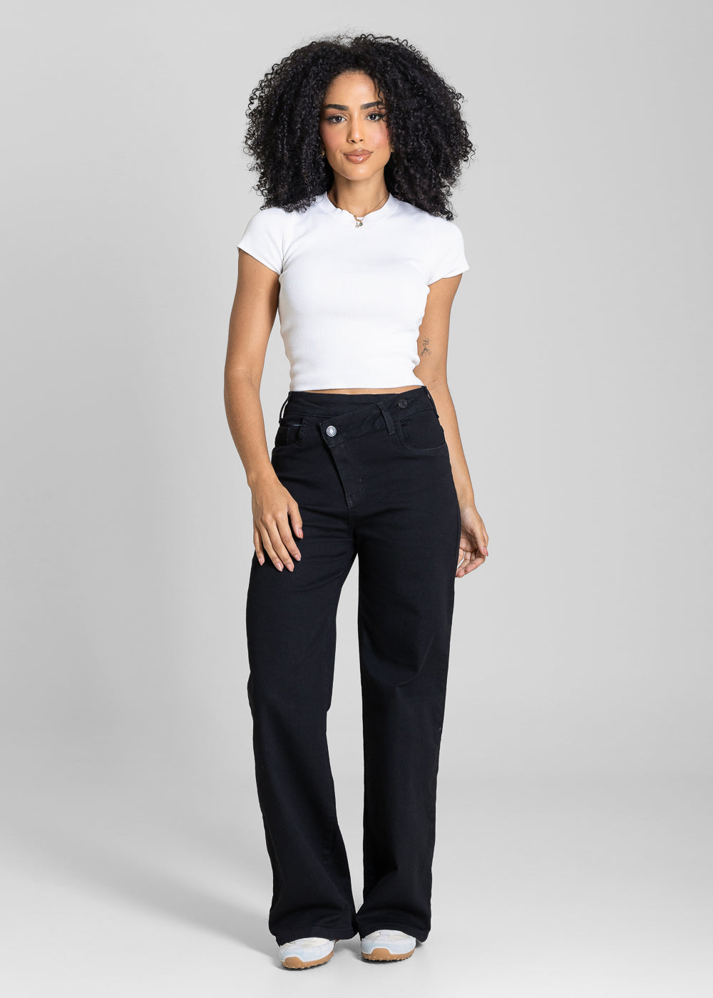 Calça Sarja Sawary Wide Leg Petit Cós Transpassado - 283879 PRETO