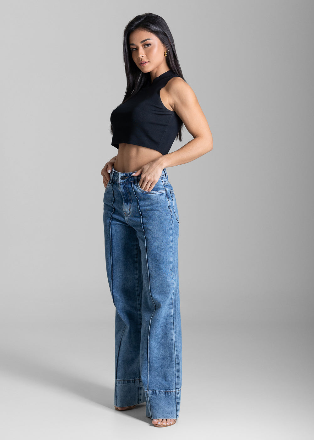 Calça Jeans Sawary Wide Leg Barra Dobrável - 284054 AZUL