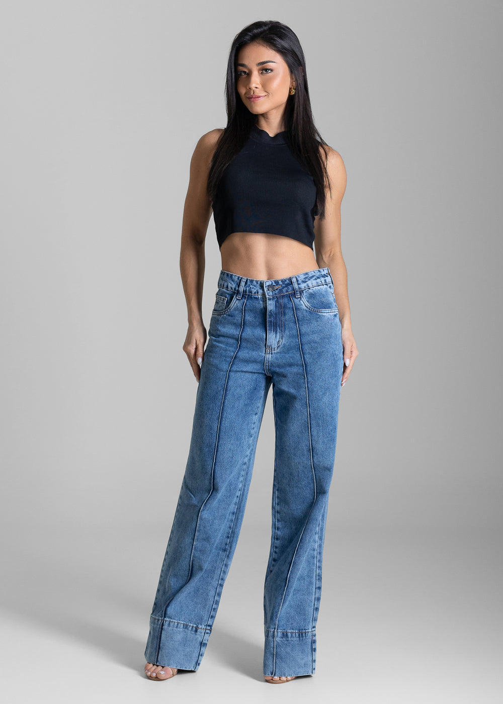 Calça Jeans Sawary Wide Leg Barra Dobrável - 284054 AZUL
