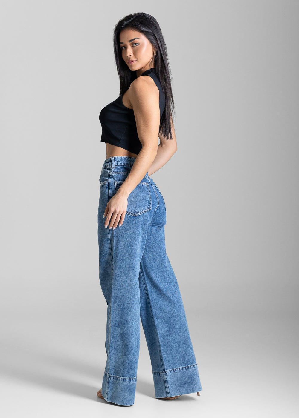 Calça Jeans Sawary Wide Leg Barra Dobrável - 284054 AZUL