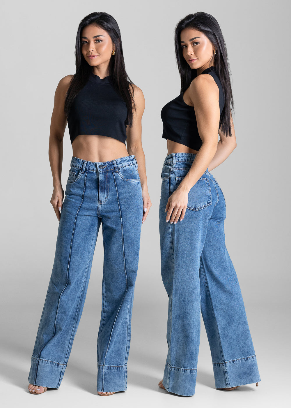 Calça Jeans Sawary Wide Leg Barra Dobrável - 284054 AZUL