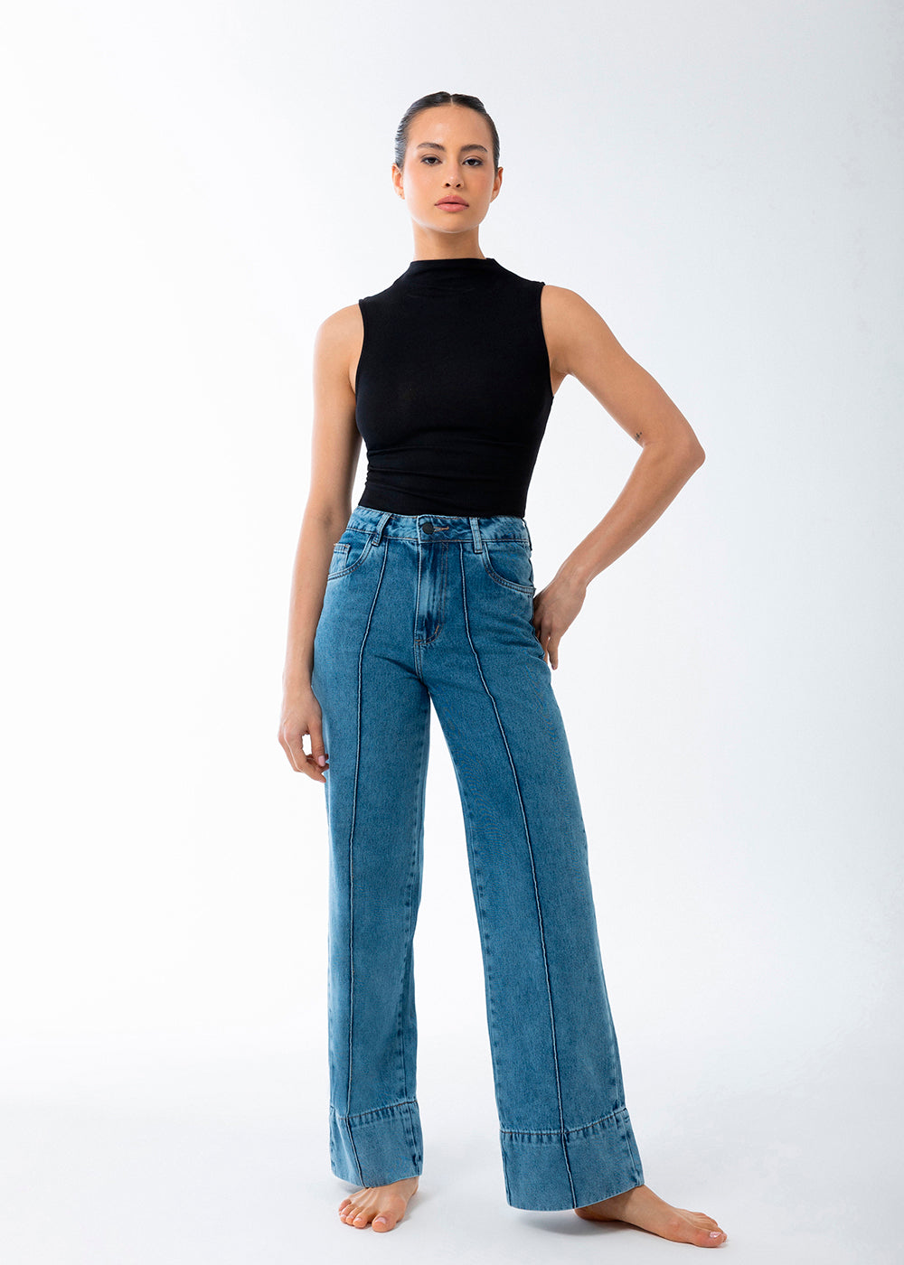 Calça Jeans Sawary Wide Leg Barra Dobrável - 284054 AZUL