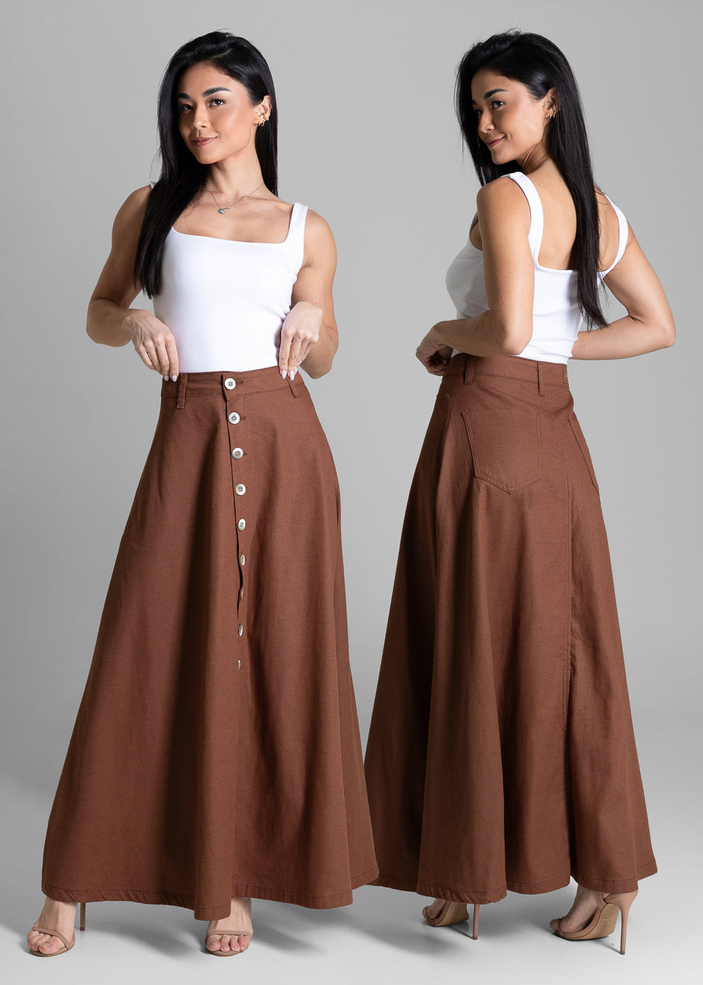 Saia Linho Sawary Longa - 284243 MARROM