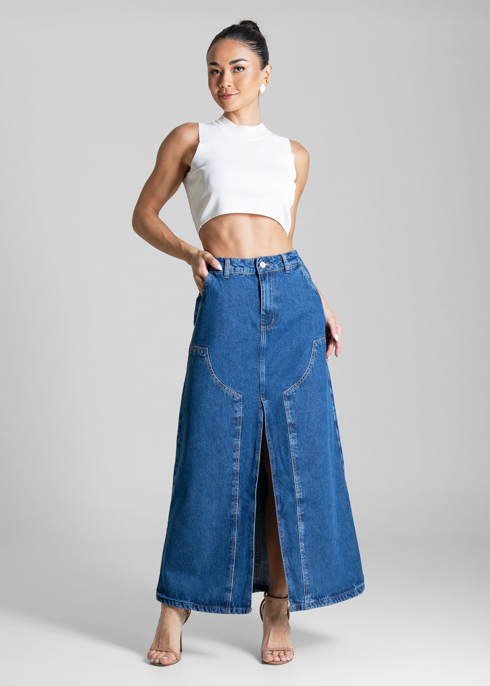 Saia Jeans Sawary Longa Fenda - 284254 AZUL
