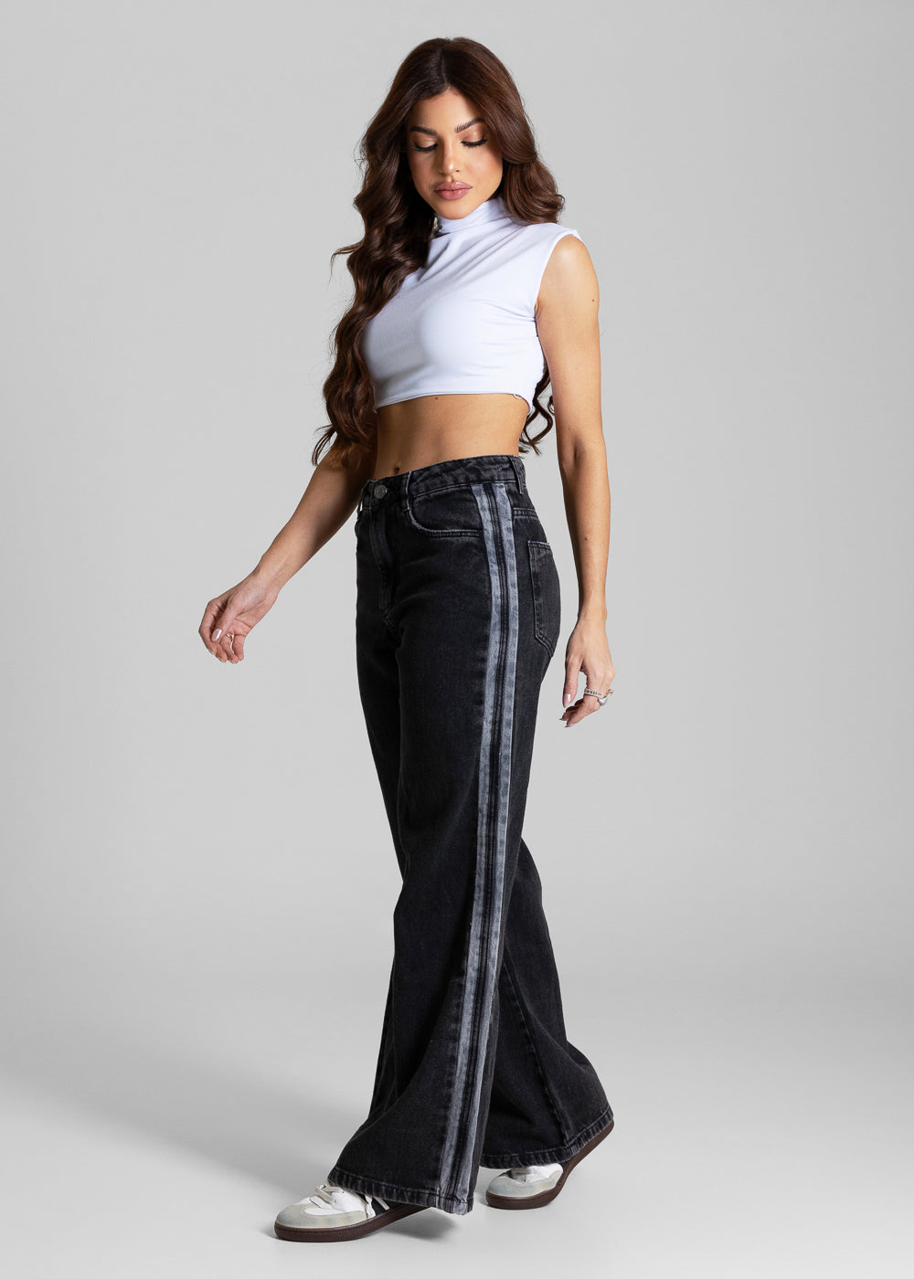 Calça Jeans Sawary Wide Leg Petit Listras - 284268 PRETO