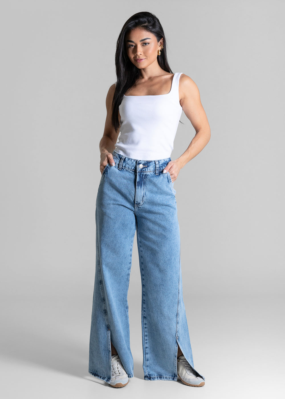 Calça Jeans Sawary Wide Leg Petit Fenda - 284358 AZUL