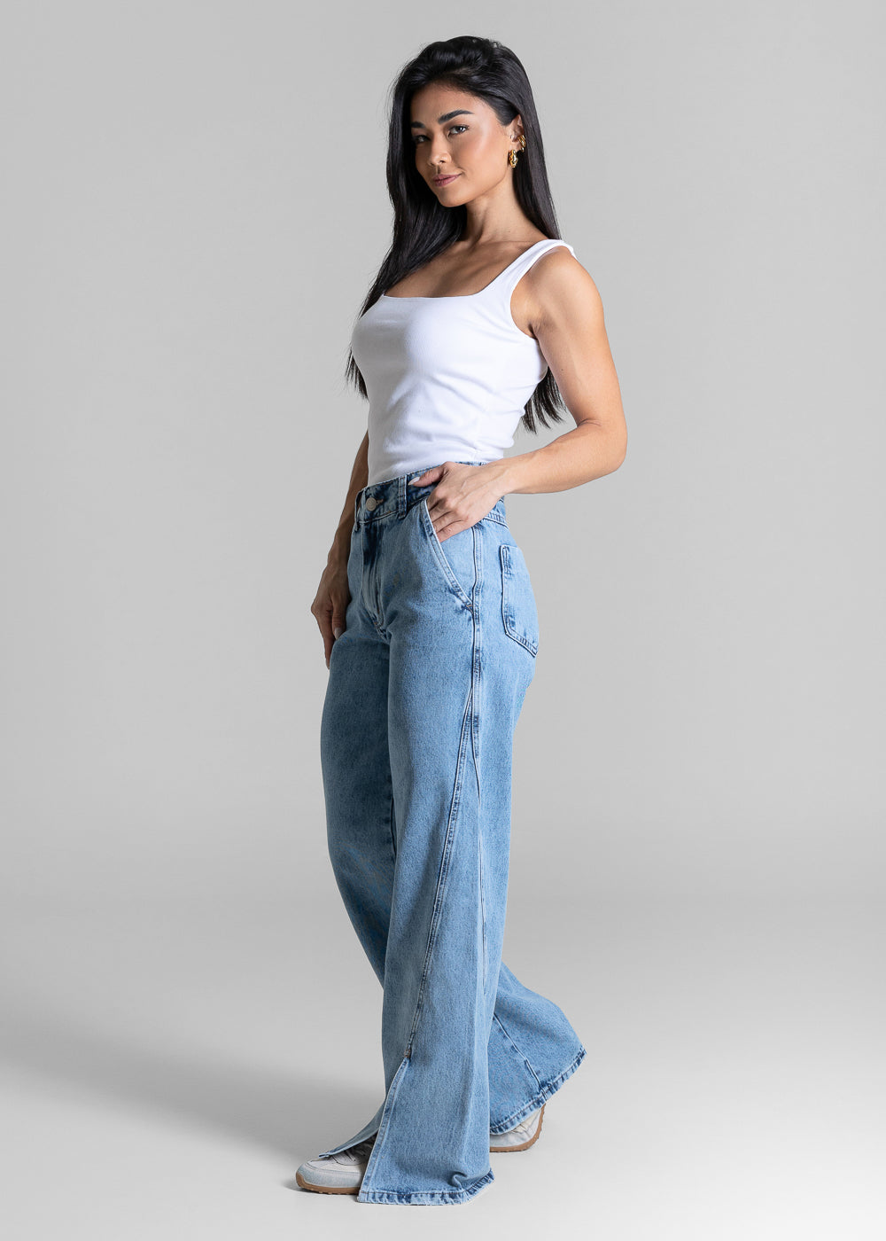 Calça Jeans Sawary Wide Leg Petit Fenda - 284358 AZUL