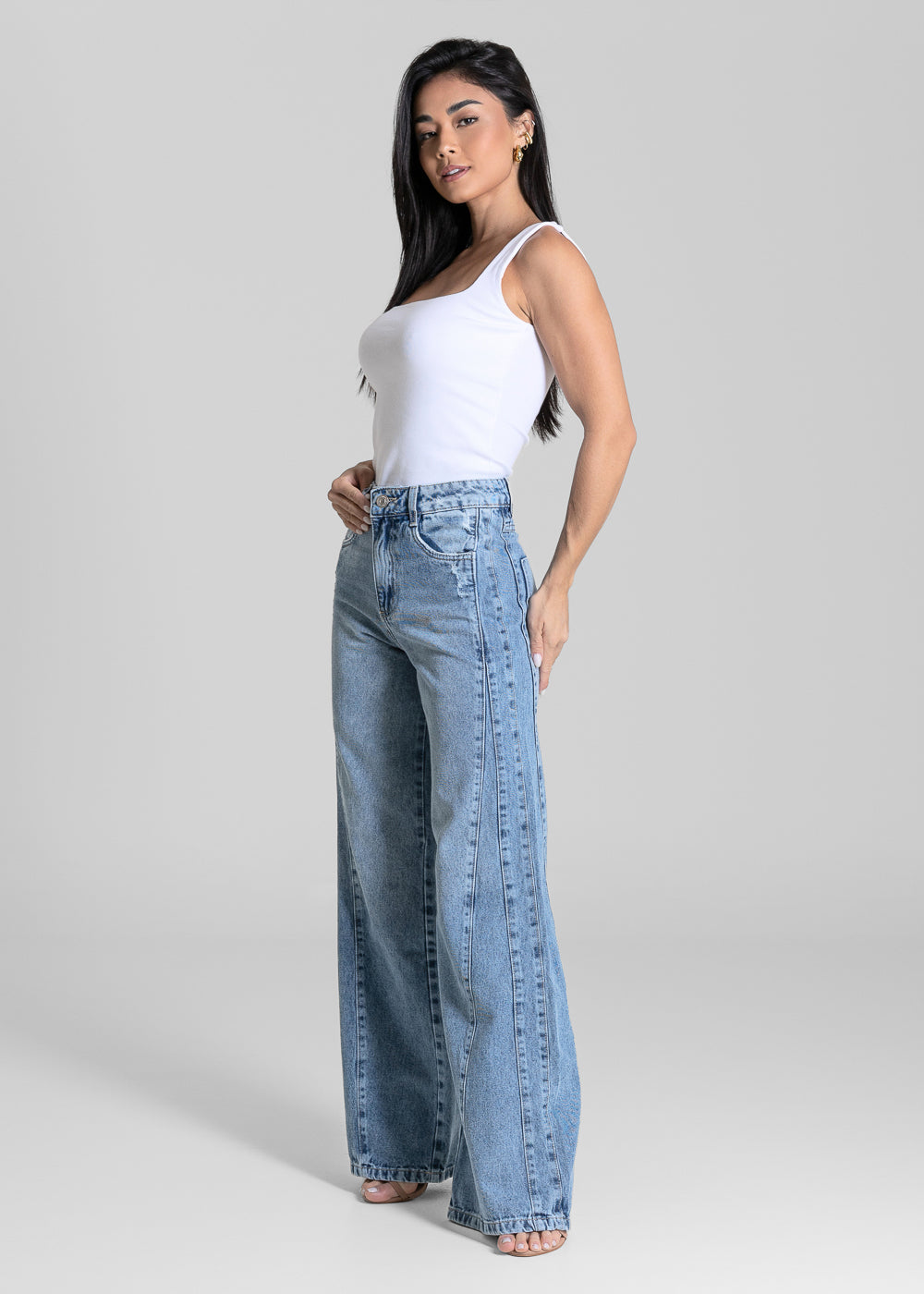 Calça Jeans Sawary Wide Leg Recortes - 284359 AZUL