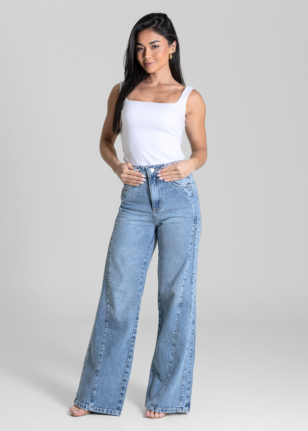 Calça Jeans Sawary Wide Leg Recortes - 284359 AZUL