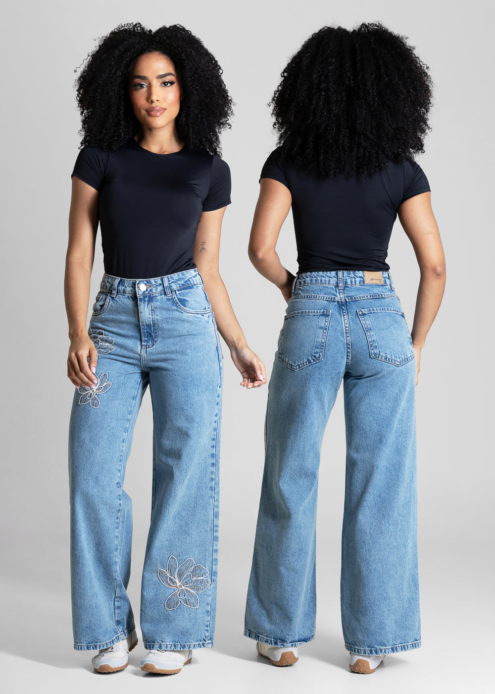 Calça Jeans Sawary Wide Leg Petit Bordado Floral - 284370 AZUL