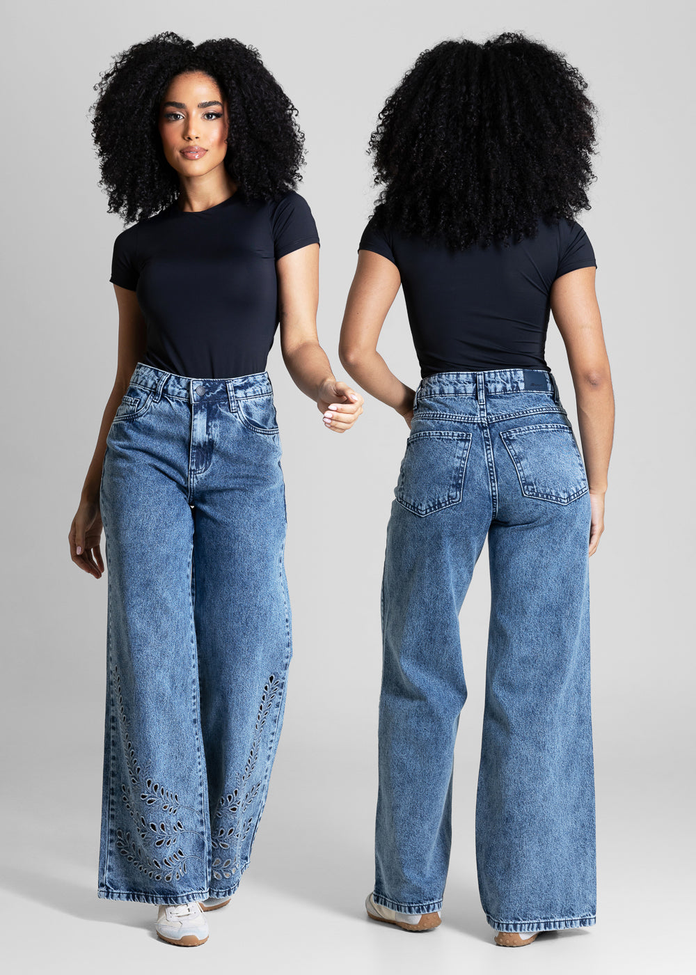 Calça Jeans Sawary Wide Leg Petit Bordado Vazado - 284385 AZUL