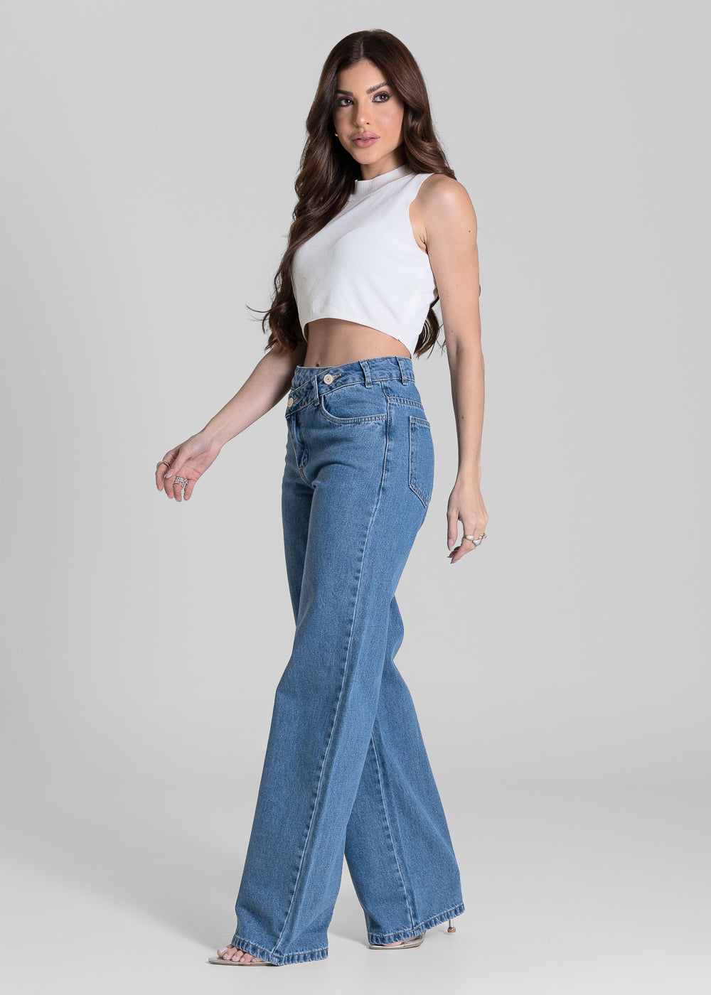 Calça Jeans Sawary Wide Leg Cós Transpassado - 284487 AZUL