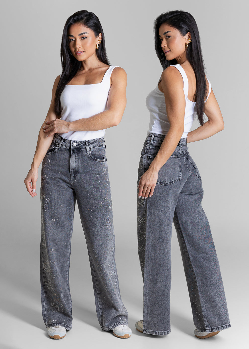 Calça Jeans Sawary Wide Leg Petit Brilho - 284804 PRETO