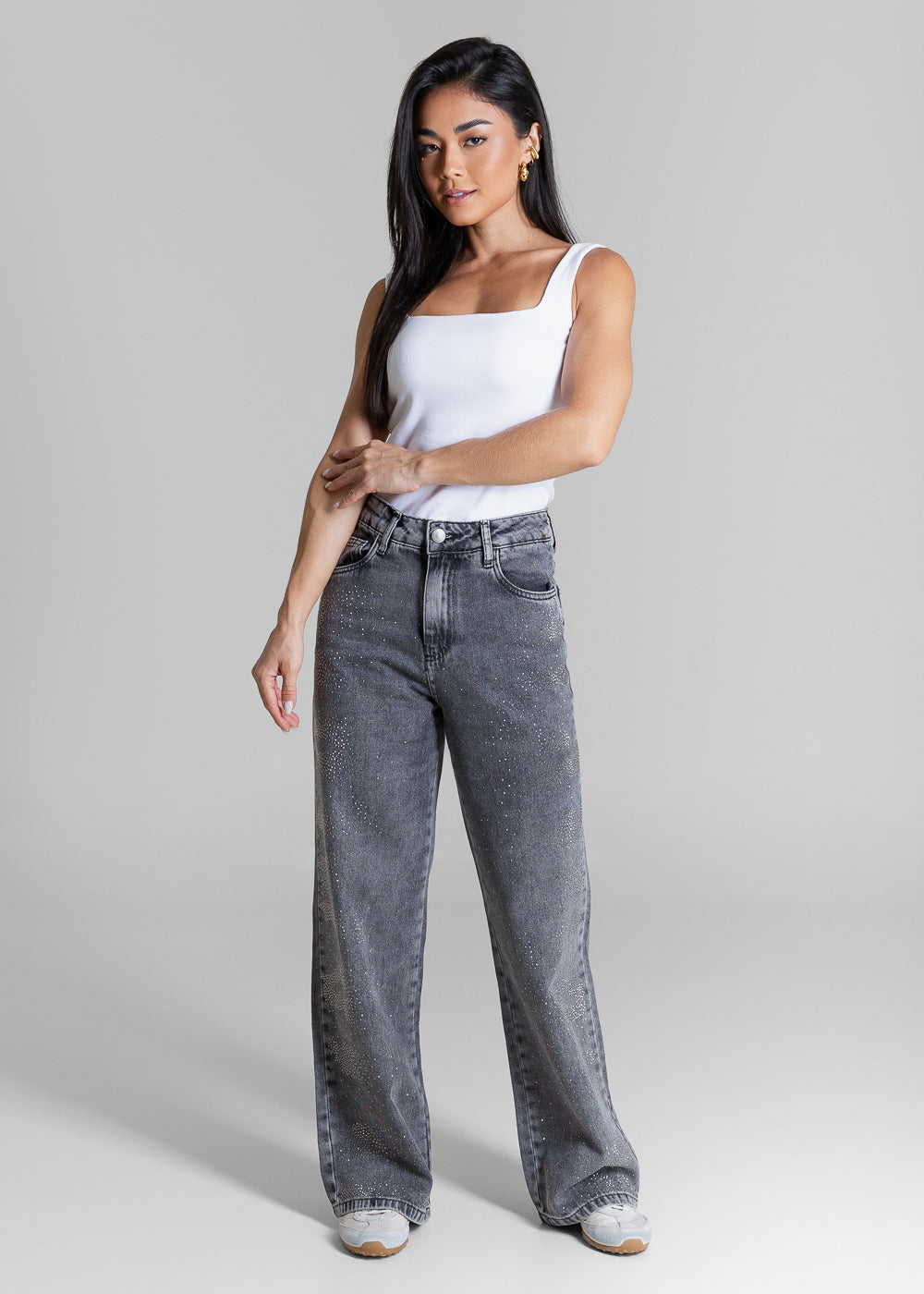 Calça Jeans Sawary Wide Leg Petit Brilho - 284804 PRETO