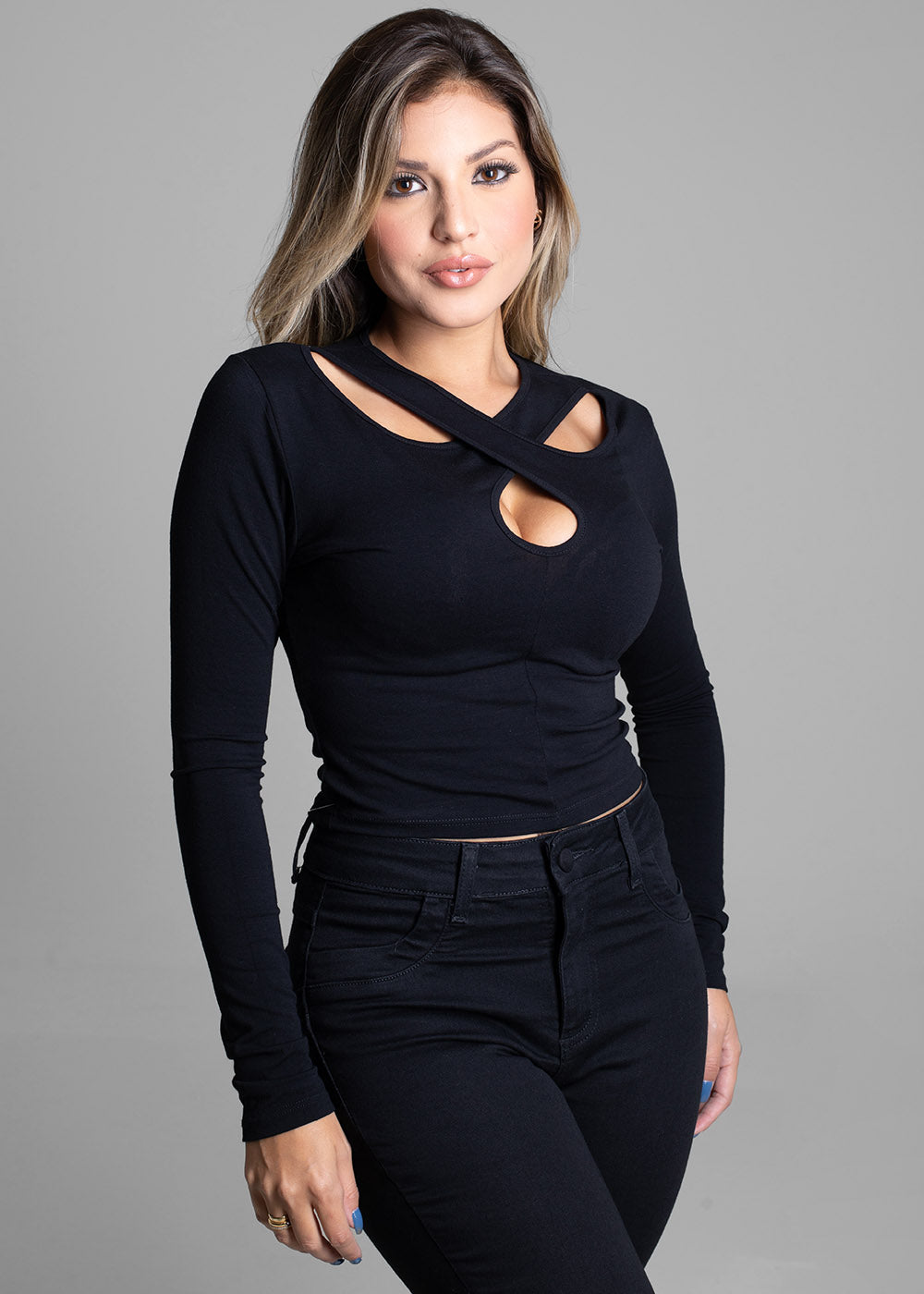 Blusa Sawary Manga Longa - 274836 PRETO